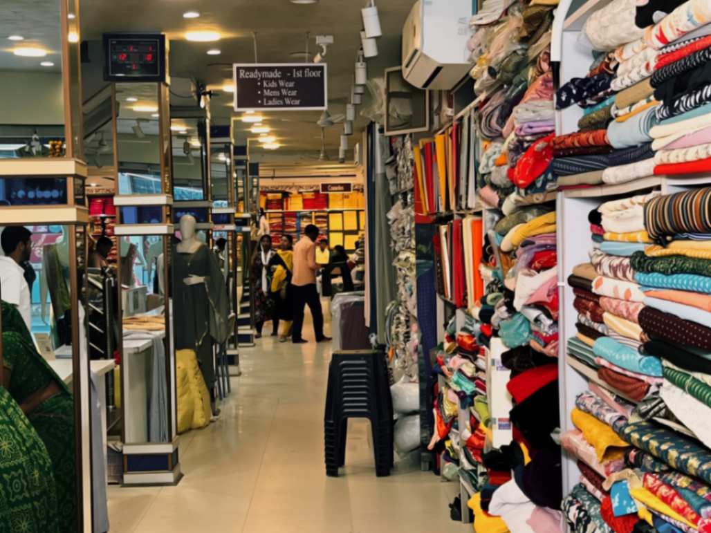 Saraswati Vastralaya storefront showing clothing collections
